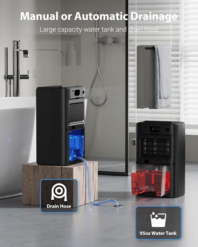 Dehumidifiers for Home, 850 sq.ft 95oz Dehumidifier with Drain Hose Timer Sleep Mode Auto-Off 7 Colors Light, Dehumidifiers for Basements Bathroom Bedroom RV Black