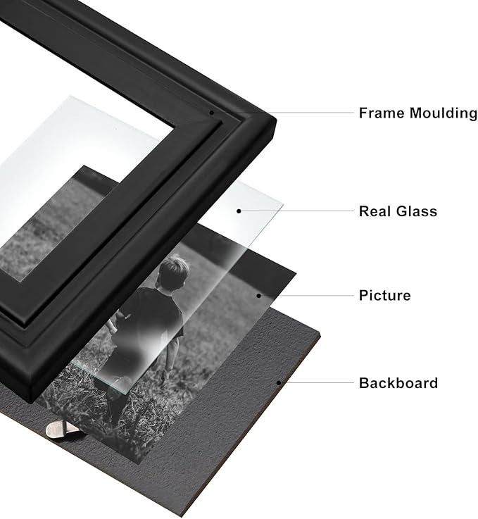 Horizontal 5X7 Picture Frames Double Hinged Wood Folding Photo Frames with Real Glass Front Fit for Desktop or Tabletop Display Pictures 4x6 with Mat or 5x7 Without Mat, Black XHEI-H75X2