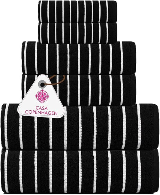 CASA COPENHAGEN Ecstatic 6 Pieces Towel Set- Black, 600 GSM 2 Bath Towel 2 Hand Towel 2 Washcloth, Designed in Denmark Made of Soft Egyptian Cotton for Bathroom, Kitchen & Shower