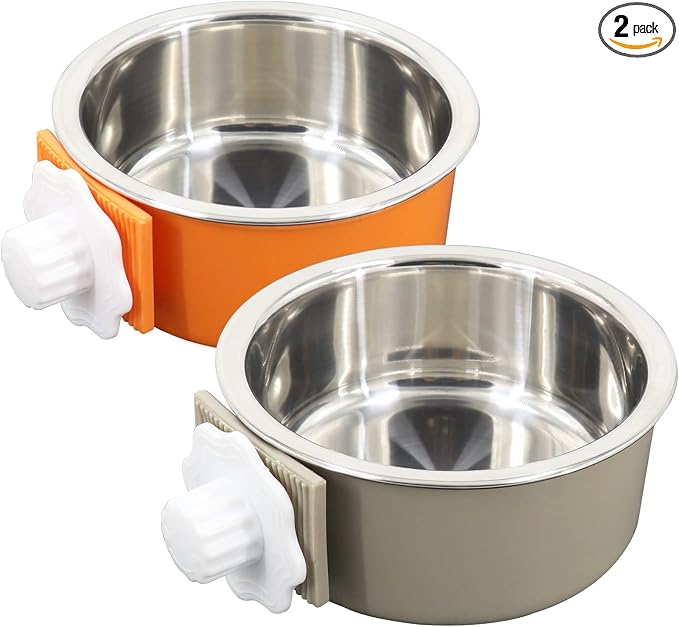 Dog Crate Bowl, Hanging Stainless Steel Removable Pet Crate Water & Food Bowls, Pet Cage Feeder Container Coop Cup for Cat Puppy Birds Rats Guinea Pigs Rabbit Hamster (2PCS)
