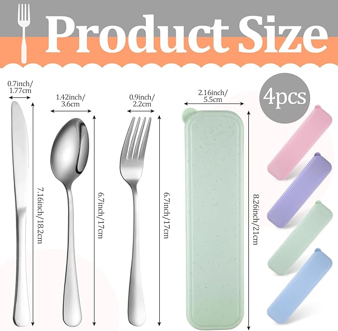 Yinkin 4 Pack Portable Travel Utensils Set with Case Reusable Stainless Steel Silverware Flatware Camping Cutlery Include Fork Spoon Knife for Work School Dishwasher Safe (Pastel Color)