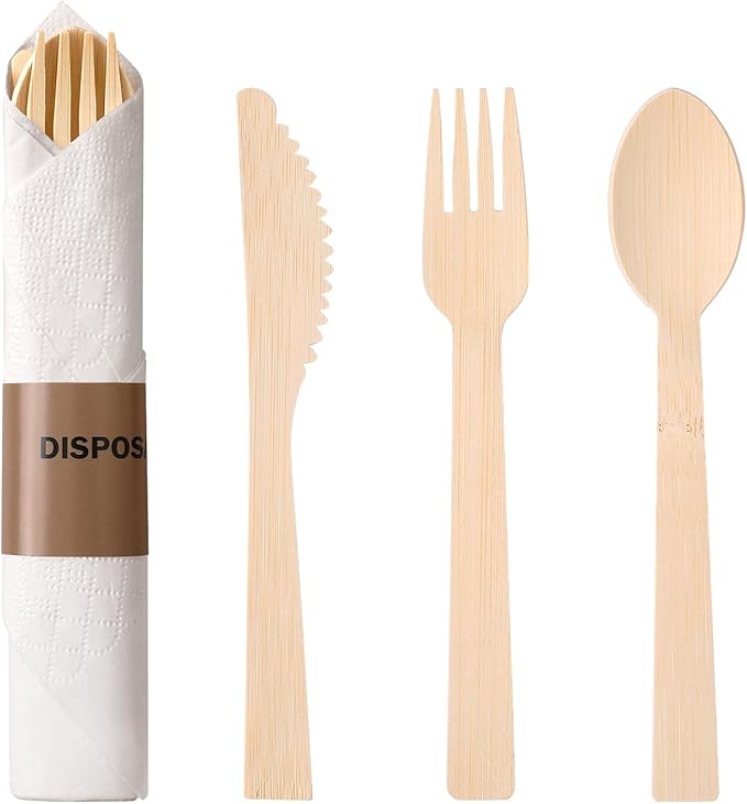 Prerolled Bamboo Cutlery-25 Pack (6.7" 25 Forks 25 Spoons 25 Knives 25 Napkins) Individually Wrapped Forks Spoons and Knives Set Disposable Compostable for Wedding/Camping