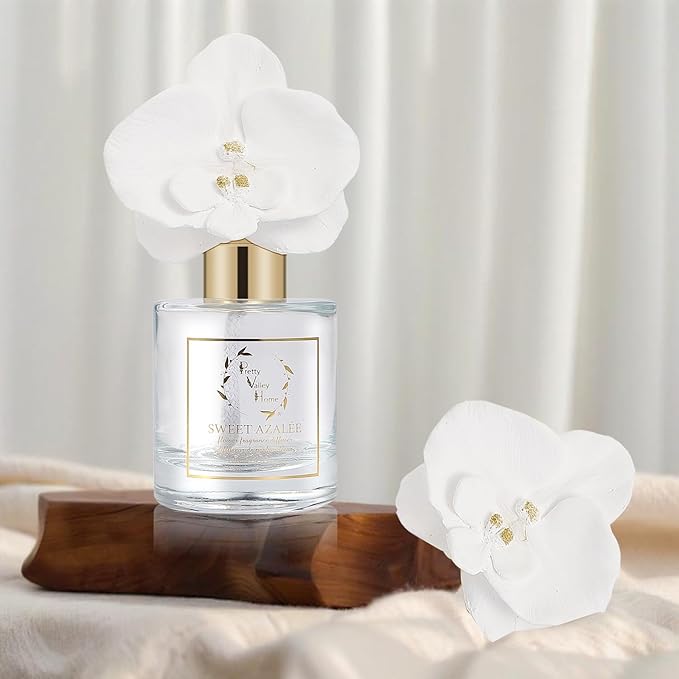 Reed Diffuser Set, Pretty Valley Home Diffuser Gypsum White Orchid Flower Oil 120Ml / 4.05fl OZ Gift Box for Bathroom Office Bathroom Living Room Decor, Long Lasting Fragrance (Sweet Azalee)