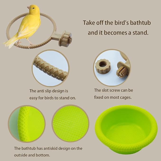 FOIBURELY Multi-Function Caged Bird Bath Bird Cage Parrot Supplies Bathing Tub for Canary Finch Budgerigar，Perch Stand(4.5")