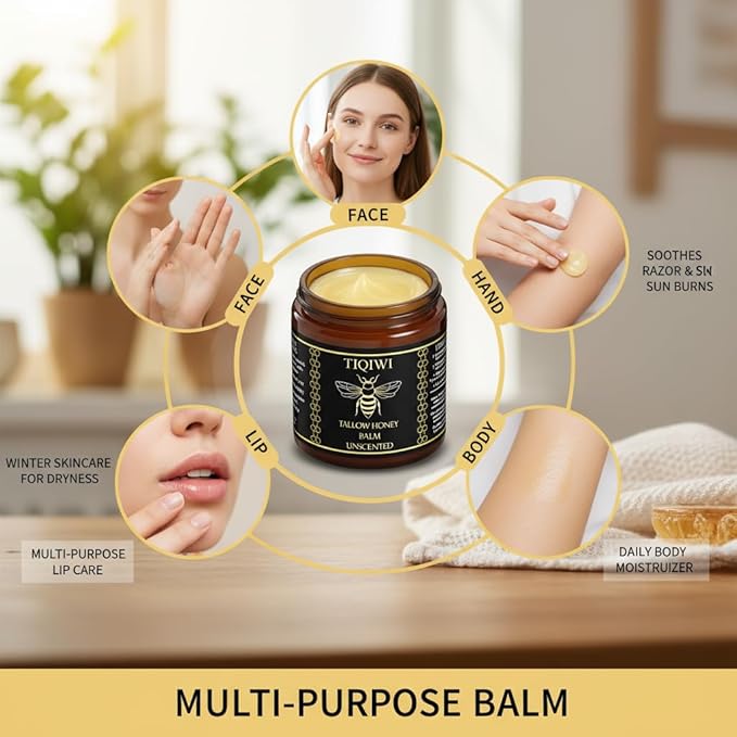 Organic Beef Tallow for Skin & Face | Tallow and Honey Balm - Deep Hydration, Multi-Purpose Face Moisturizer, Restores Barrier