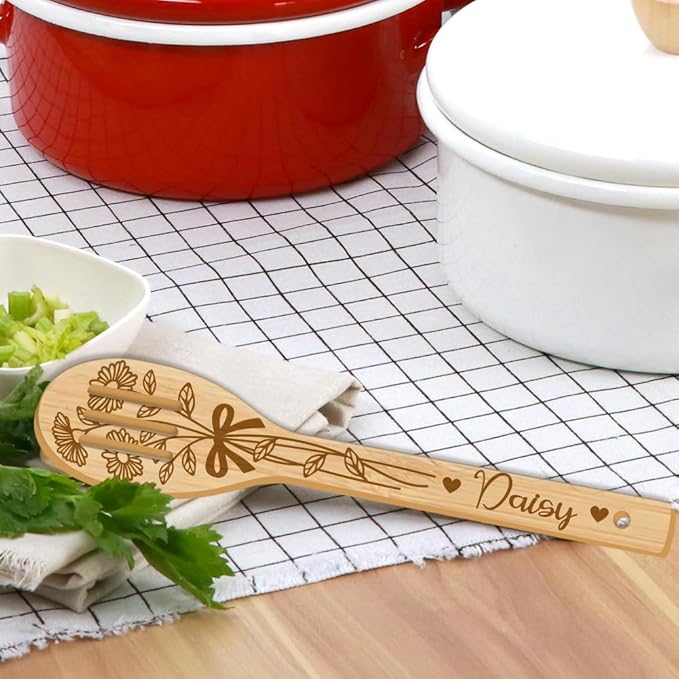 GLOBLELAND 6Pcs Bouquet Bamboo Cooking Utensils Wooden Lilies Roses Daisies Cosmos Engraved Cooking Spoons Spatula Set for Women and Men Wood Cooking Spoon for Kitchen House Warming Gift