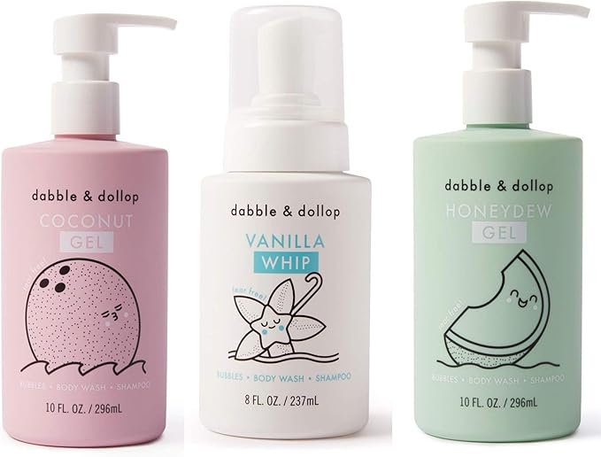 Dabble & Dollop Beachy Bundle, Natural Bubble Bath, Body Wash, Shampoo for Kids, Paraben & Sulfate Free, Vegan, Gluten-Free, Tear-Free, Honeydew Melon, Vanilla & Coconut (Set of 3)