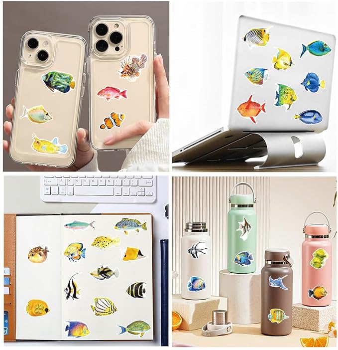 50PCS Fish Stickers, Cute Marine Organism Stickers for Kids Teens Adults, Vinyl Cartoon Colorful Saltwater Fish Decals Kawaii Marine Fish Sticker for Decor Water Bottles Laptops Guitar Scrapbook