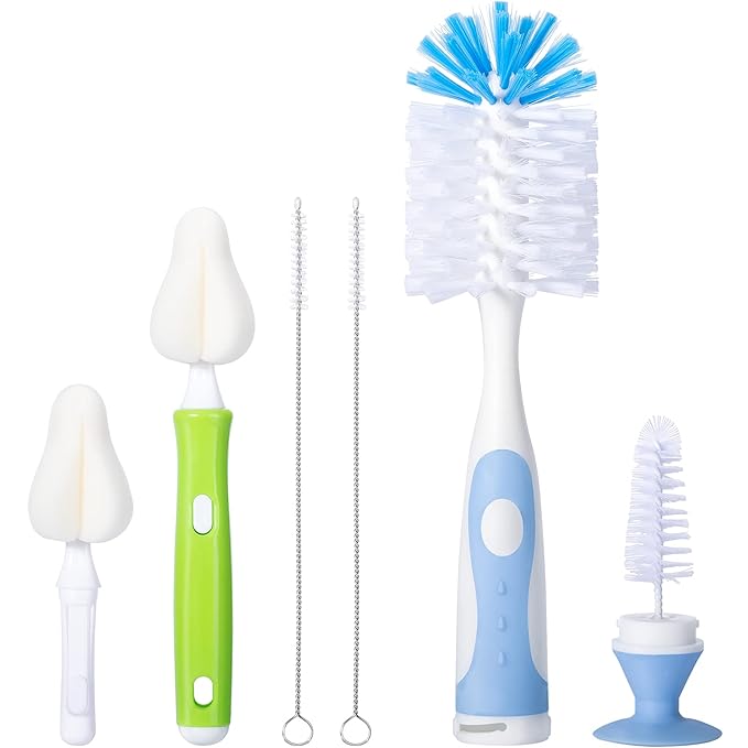 Baby Bottle Brush Set with Nylon Nipple Cleaner, Sponge & Straw Brushes (Blue)