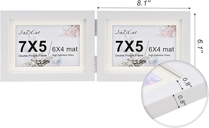 Double Hinged 5x7 Picture Frame with Tempered Glass-Tabletop or Wall Mounted, Display for 4x6 & 5x7 Photos (with/without Mat)-Matte White, For Family Photos & Wedding Memories-B75X2