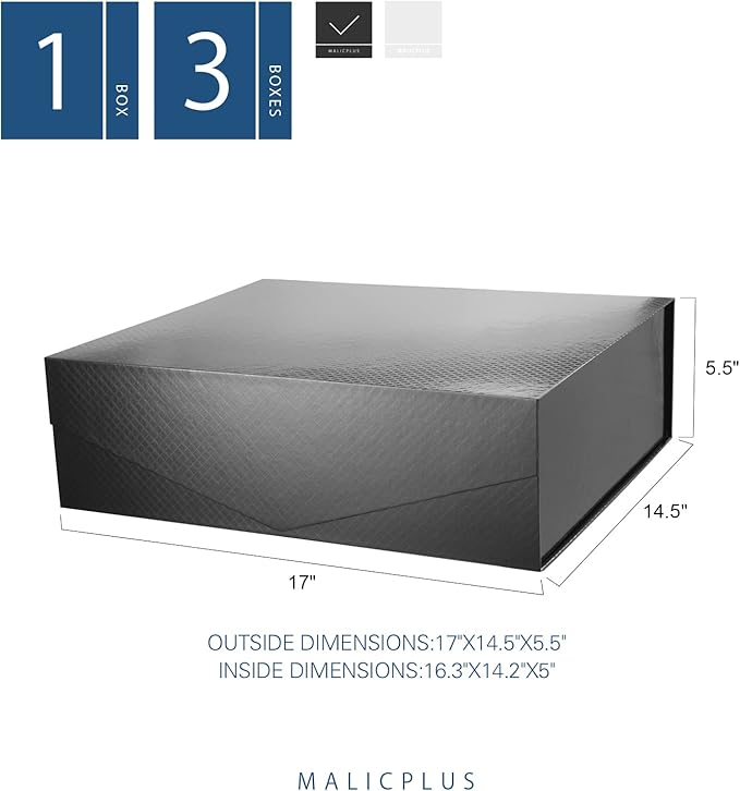 3 Extra Large Gift Boxes with Lids 16.3x14.2x5 Inches, Black Groomsmen Proposal Boxes with Magnetic Closure for All Occasion (Lattice Texture)