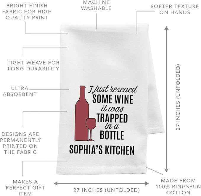 Andaz Press Funny Personalized Kitchen Towel, Flour Sack Tea Towel, I Just Rescued Some Wine It was Trapped in A Bottle Custom Name Kitchen, Housewarming Birthday for Mom, Daughter