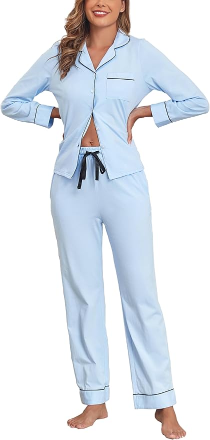 Veseacky 100% Cotton Pajamas for Women Set Long Sleeve Button Down Sleepwear Soft Pjs Lounge Sets with Pockets S-XXL