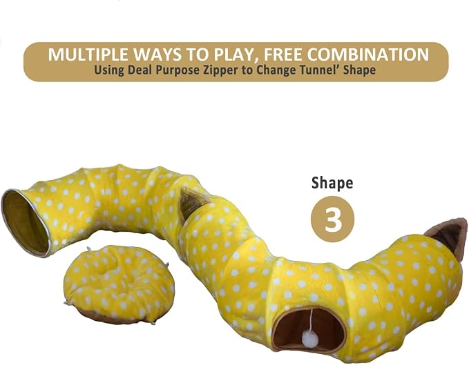 AUOON Cat Donut Tunnel with Bed for Kitten Puppy Rabbit Ferret, Yellow | 2-in-1 Interactive Cat Toy, with Hanging Ball Toy, Machine Washable Center Pad, 36"L x 36"W x 10.7"H
