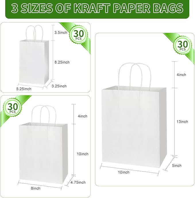 Toovip 90 Pack White Kraft Paper Bags with Handles Bulk, 3 Assorted Sizes Gift Wrap Bags for Favors Grocery Retail Party Birthday Shopping Business Goody Craft Merchandise Take Out Sacks