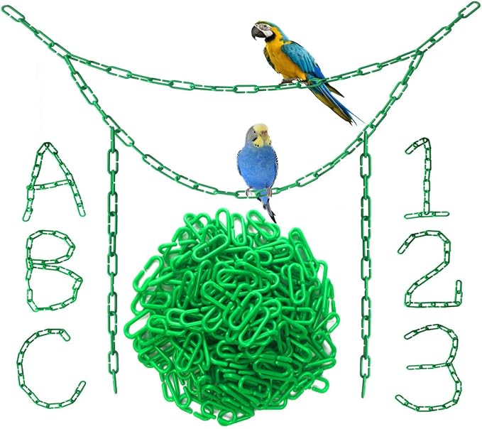 200Pcs Green C-Clips Plastic Chain Links for Birds & Small Pets | Non-Toxic Safe & Durable. Chew-Resistant For Indoor/Outdoor. C-Clip Snaps Together Easily. Plastic Chain Toy For Small Pets