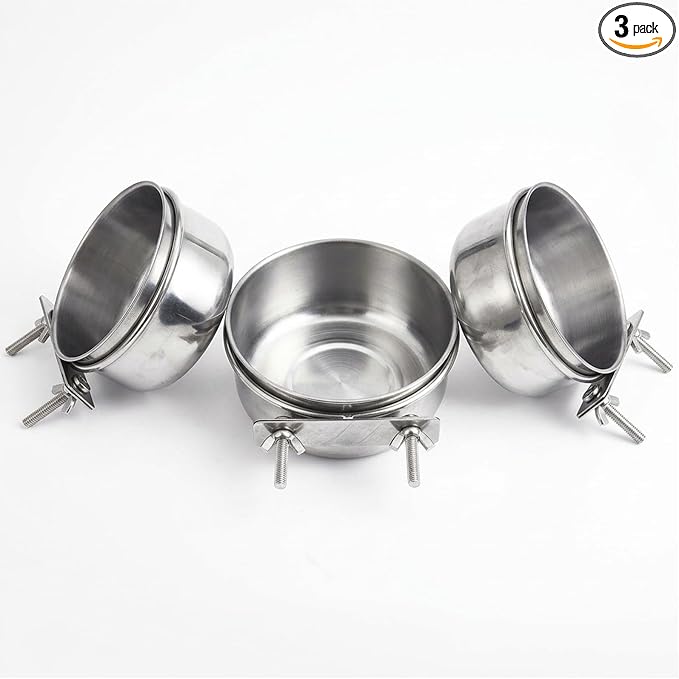 3 Pcs Stainless Steel Bird Feeding Cups with Clamp Holder - Birdcage Food Water Dish Bowls for Cockatiel Parakeet Macaw Finches Lovebirds Small Animals