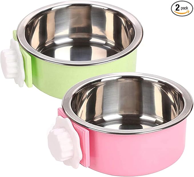 Dog Crate Bowl, Hanging Stainless Steel Removable Pet Crate Water & Food Bowls, Pet Cage Feeder Container Coop Cup for Cat Puppy Birds Rats Guinea Pigs Rabbit Hamster (2PCS)