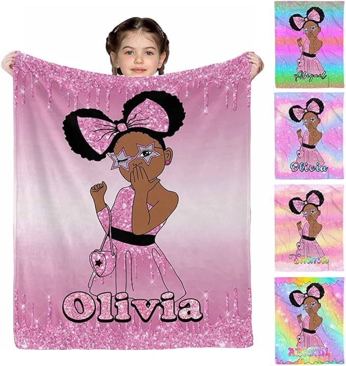 D-Story Custom Blanket Personalized with Name Text, Customized Flannel Throws Blankets Black Girl Blanket for Newborn, Toddler on Baby Birthday