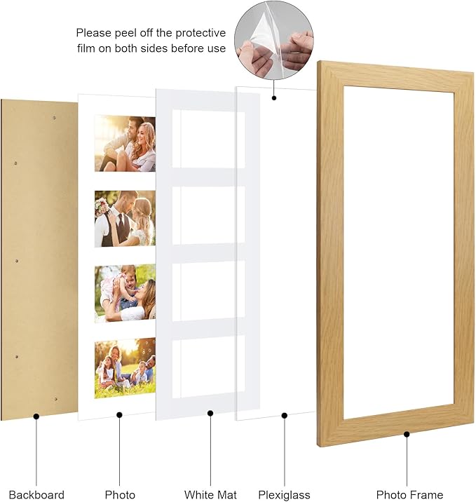 8x20 Picture Frame Display 4 opening 4X6 Picture Frame Collage,Multi Photo Frame with Mat,Plexiglass,Wall or Tabletop Decor,Natural Wood Grain