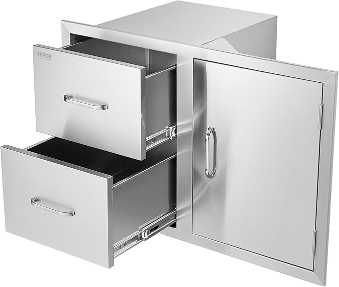 VEVOR Outdoor Kitchen Door Drawer Combo, 32.5"Wx21.7"Hx20.5"D, Access Door Double Drawers with Paper Towel Rack, BBQ Island Drawers with Stainless Steel Handles, 30.7"Wx20"Hx21"D Cutout Size