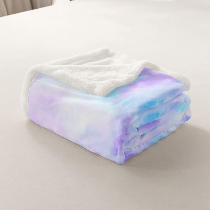 Feelyou Purple Blue Fleece Throw Blanket Throw 50"x60" Kids Tie Dye Watercolor Sherpa Blanket Plush Fuzzy for Bed Couch Chair Living Room, Dreamy Girly Bed Blanket Room Decor