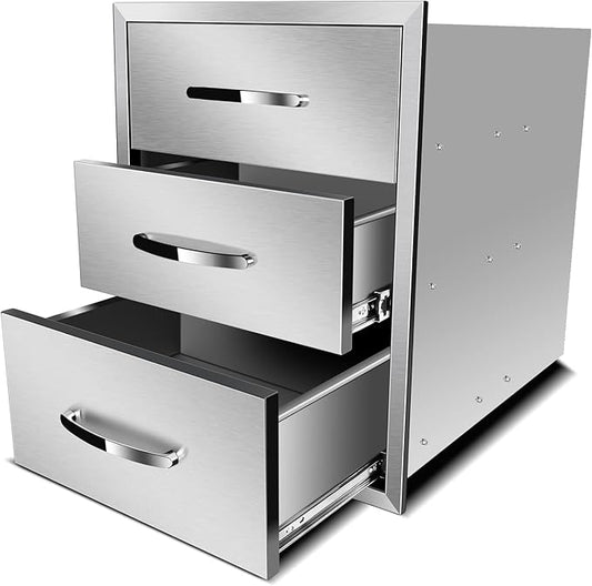 Outdoor Kitchen Drawers Stainless Steel 18W X 23H X 23D Inch, Flush Mount Triple BBQ Island Drawers with Handle for Outdoor Kitchens, Patio or Grill Station