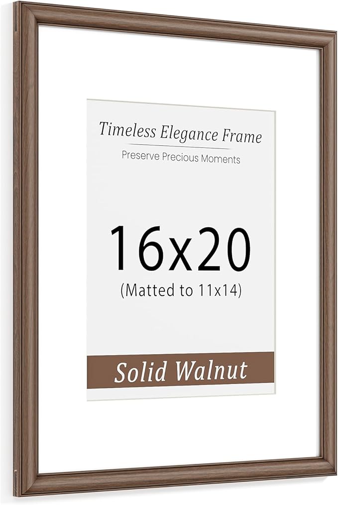 Natural Walnut 16x20 Picture Frames Mat to 11x14 Picture Display,Original Wood Handcrafted Poster Frame,Wooden Frame 16x20 with Tempered Glass Graduation Family Wedding Photo Wall Mounted