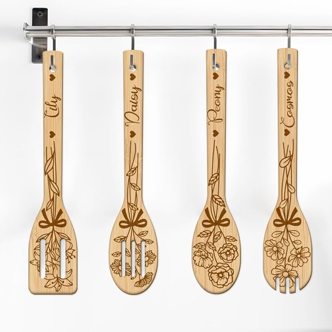 GLOBLELAND 6Pcs Bouquet Bamboo Cooking Utensils Wooden Lilies Roses Daisies Cosmos Engraved Cooking Spoons Spatula Set for Women and Men Wood Cooking Spoon for Kitchen House Warming Gift