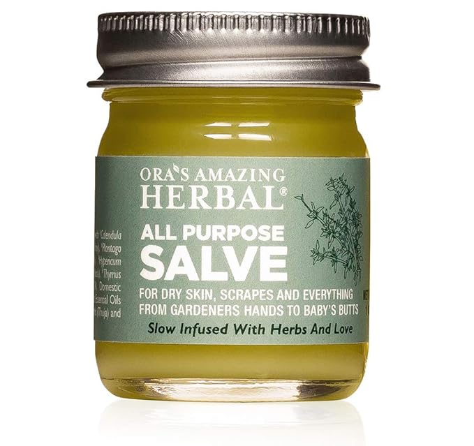 Ora's Amazing Herbal All Purpose Salve, Natural Healing Ointment, Tea Tree Oil Skin Balm, Comfrey Calendula Thyme Plantain, Hand Salve, Rash Cream, Dry Skin Repair, Itch Relief, 1 oz Glass Jar