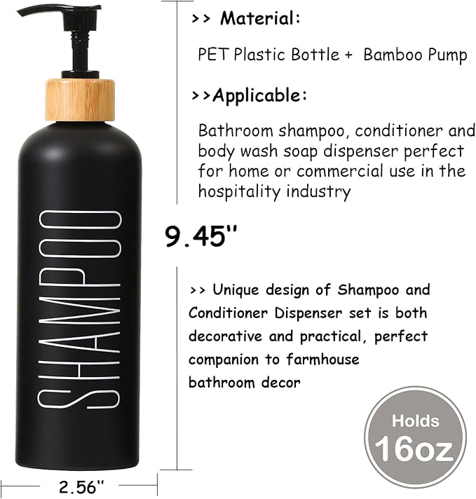 HOMCDALY 16oz 3-Pack Refillable Black Bathroom Shower Set - Empty Bottles with Pump for Shampoo, Conditioner, or Body Wash
