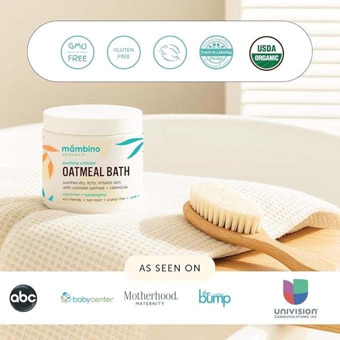 Mambino Organics Soothing Colloidal Oatmeal Bath Soak Powder, for Newborn, Kids, Moms with Dry, Sensitive Skin, Unscented Body Wash with Calendula for Baby Bath, Vegan, Non-GMO, 2-Pack