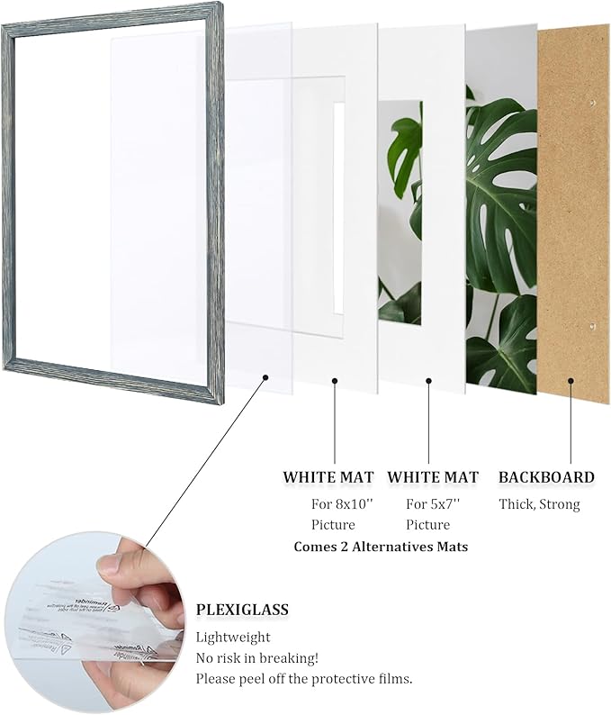 Egofine 11x14 Picture Frames Set of 4, Made of Solid Wood Covered by Plexiglass 5x7 and 8x10 with Mat or 11x14 without Mat, for Table Top Display and Wall Mounting Photo Frame Rustic Blue