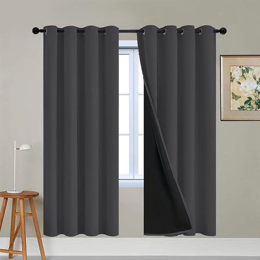 Yakamok 100% Blackout Curtains, 2 Thick Layers Thermal Insulated Total Blackout Drapes for Bedroom, Heat Blocking Window Curtains for Living Room(Charcoal Grey, 52Wx72L, 2 Panels)