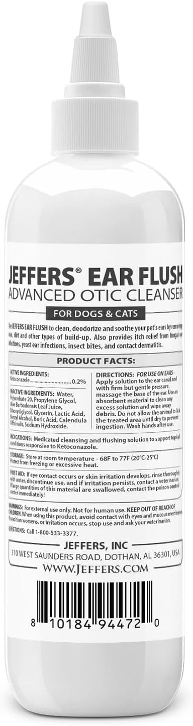 Jeffers Ear Flush and Anti-Itch Ear Drops Bundle for Dogs & Cats, Otic Ear Cleaner with Ketoconazole and Hydrocortisone for Pet Hygiene, Grooming, Ear Wax and Odor Care