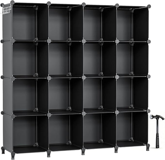 Neprock 16 Cubby Storage Organizer, Closet Clothes Storage Organizer, Cube Shelves Closet Organizers and Storage Shelves for Clothing Storage with Hammer, Bookshelf for Kids（Black）