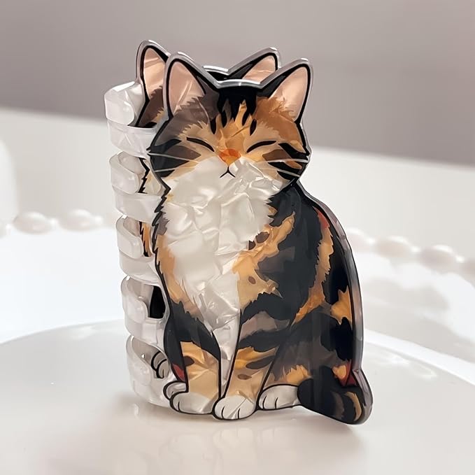 Tricolor Tabby Cat Hair Claw Clips Kitten Hair Clips Animal Hair Jaw Clips | Cute Closed Eyes Sitting Kitten Hair Barrettes Acrylic Tortoiseshell Cat Clamp Orange Brown White Pet Cat Hair Accessories