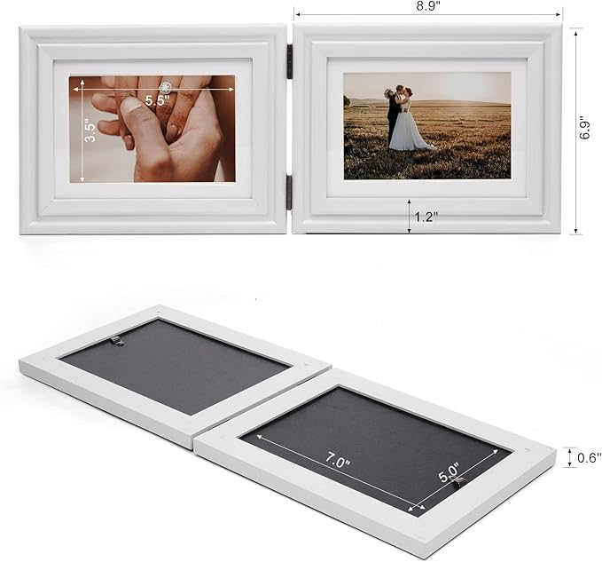 Horizontal 5X7 Picture Frames Double Hinged Wood Folding Photo Frames with Real Glass Front Fit for Desktop or Tabletop Display Pictures 4x6 with Mat or 5x7 Without Mat, White XBAI-H75X2