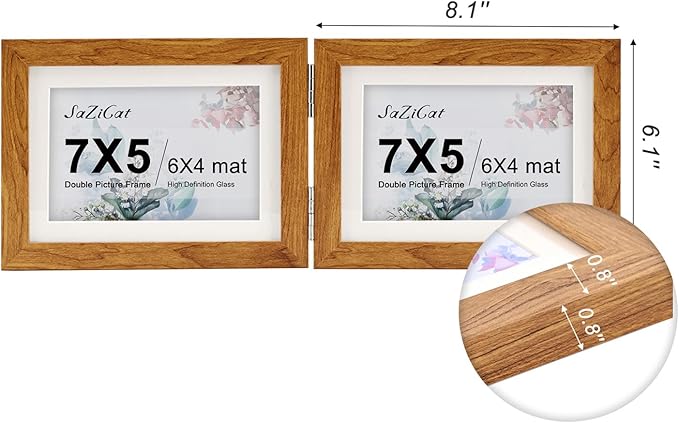 Double Hinged 5x7 Picture Frame with Tempered Glass-Tabletop or Wall Mounted, Display for 4x6 & 5x7 Photos (with/without Mat)-Rustic Brown, For Family Photos & Wedding Memories-Z75X2