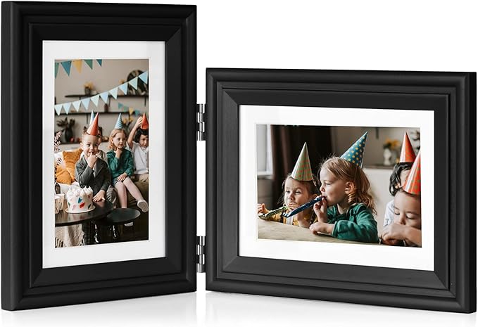 5X7 Double Wooden Hinged Picture Frame Vertical and Horizontal in Black, Display 4x6 with Mat or 5x7 without Mat, Folding Photo Frame with Real Glass Front for Tabletop X2-HEI-SH57