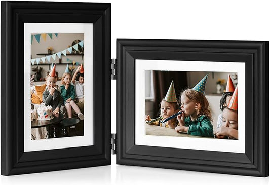 5X7 Double Wooden Hinged Picture Frame Vertical and Horizontal in Black, Display 4x6 with Mat or 5x7 without Mat, Folding Photo Frame with Real Glass Front for Tabletop X2-HEI-SH57