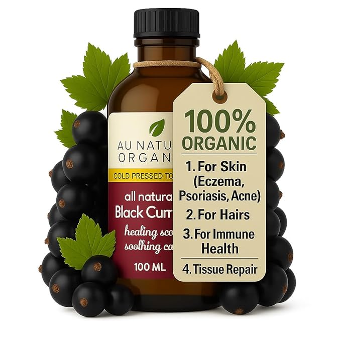 Au Natural Organics Black Currant Seed Oil for Eczema – 100% Pure Organic Cold Pressed Black Current Oil GLA for Skin | Support Immune Health, Blood Flow, Tissue Repair | Edible & Hexane Free | 100ml