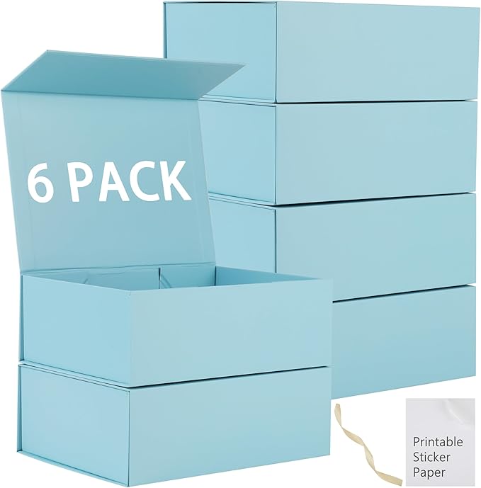 MUMUPACK 6 Pack Blue Gift Boxes With Lids,12x8x4.5 Inch Bridesmaid Proposal Box And Printable Stickers,Proposal Boxes With Ribbon For Wedding, Packaging, Present, Birthday