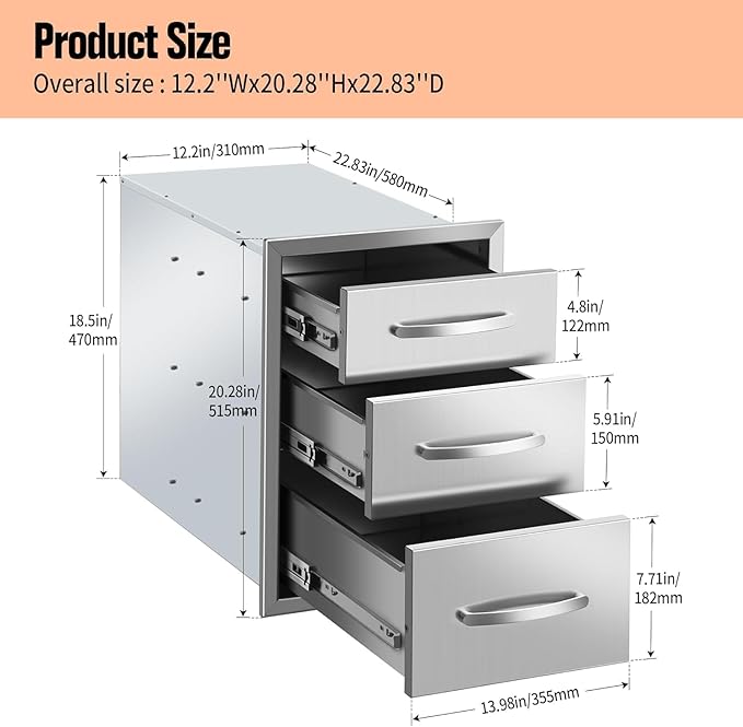 Outdoor Kitchen Drawers Stainless Steel 14W x 20.3H x 23D Inch, Flush Mount Triple BBQ Island Drawers with Handle for Outdoor Kitchens, Patio or Grill Station
