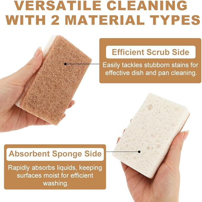 12pcs Natural Sponges for Dishes, Biodegradable Compostable Cellulose and Coconut Scrubber Sponge, Non-Scratch Reusable Cleaning Sponge for Removing Dirt and Oil in The Kitchen(Brown+White)