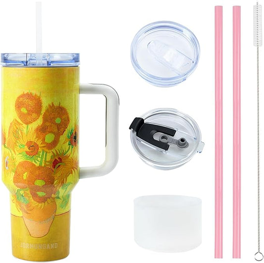 Jormungand 40 oz Tumbler with Handle and Straw, Vacuum Insulated Stainless Steel Cup & Water Bottle, Leakproof Lid, BPA-Free, Cup Holder Friendly for Travel, Keeps Drinks Hot & Cold Sunflower