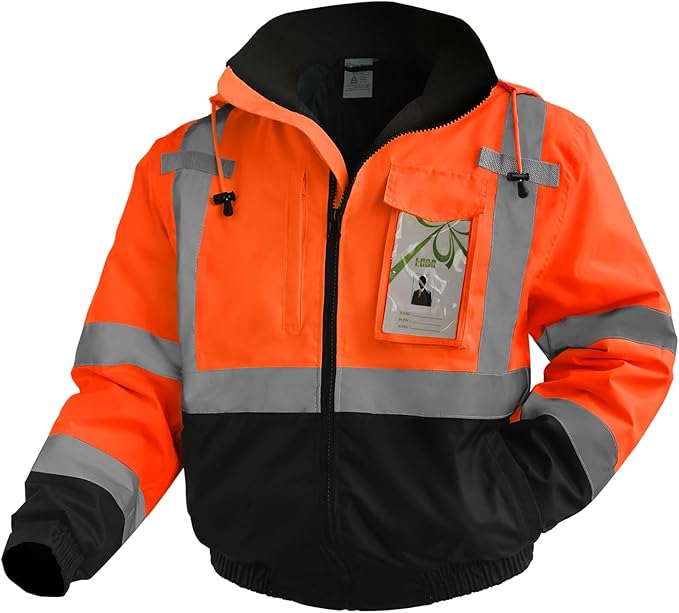 Hi Vis Rain Jackets, Reflective Safety Jacket with Pockets for Men& Women, Construction Coats for Winter Cold Weather, Waterproof Rain Gear, Class 3, Orange-Black, 4XL