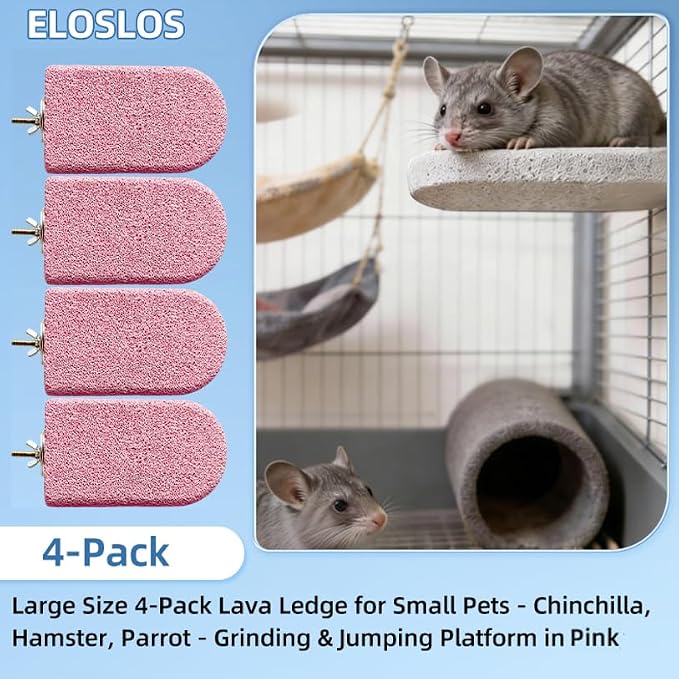 4PCS Lava Ledge for Small Pets/Chinchilla/Hamster/Parrot, Pink(L) | Grinding Claws & Jumping, Safe Natural Volcanic Rock, Reduces Random Chewing