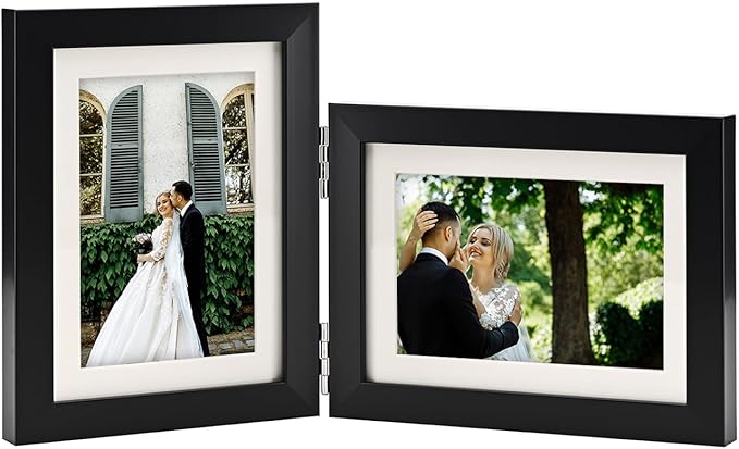Double Hinged 5x7 Picture Frame with Tempered Glass-Tabletop or Wall Mounted, Display for 4x6 & 5x7 Photos (with/without Mat)-Classic Black, For Family Photos & Wedding Memories-H5775