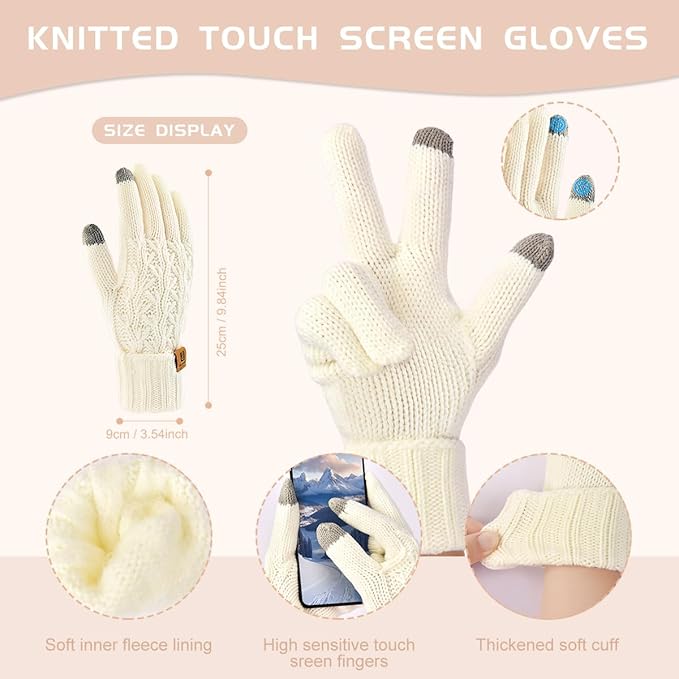 Uerymit Womens Winter Warm Beanie Hat Long Scarf Touchscreen Gloves Set with Fleece Lined Skull Pom Caps 3 in 1 Set for Gift